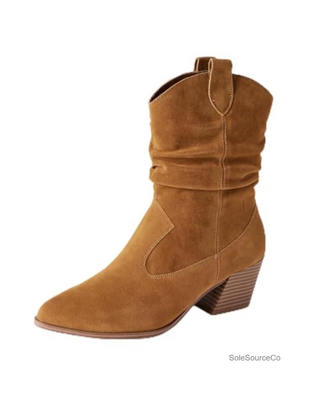 Women's Western Mid Calf Boots Faux Suede Slouchy Side Zip Block Heel
